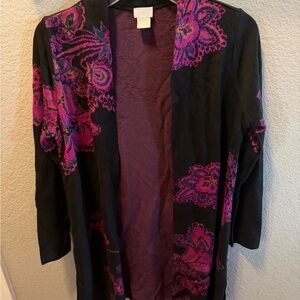 Chico’s Size XS/S Open Front Cardigan Sweater Black Purple Floral Rayon Knit
